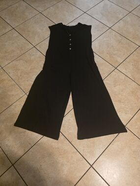 Black Sleeveless Wide-Leg Jumpsuit with Button Placket
